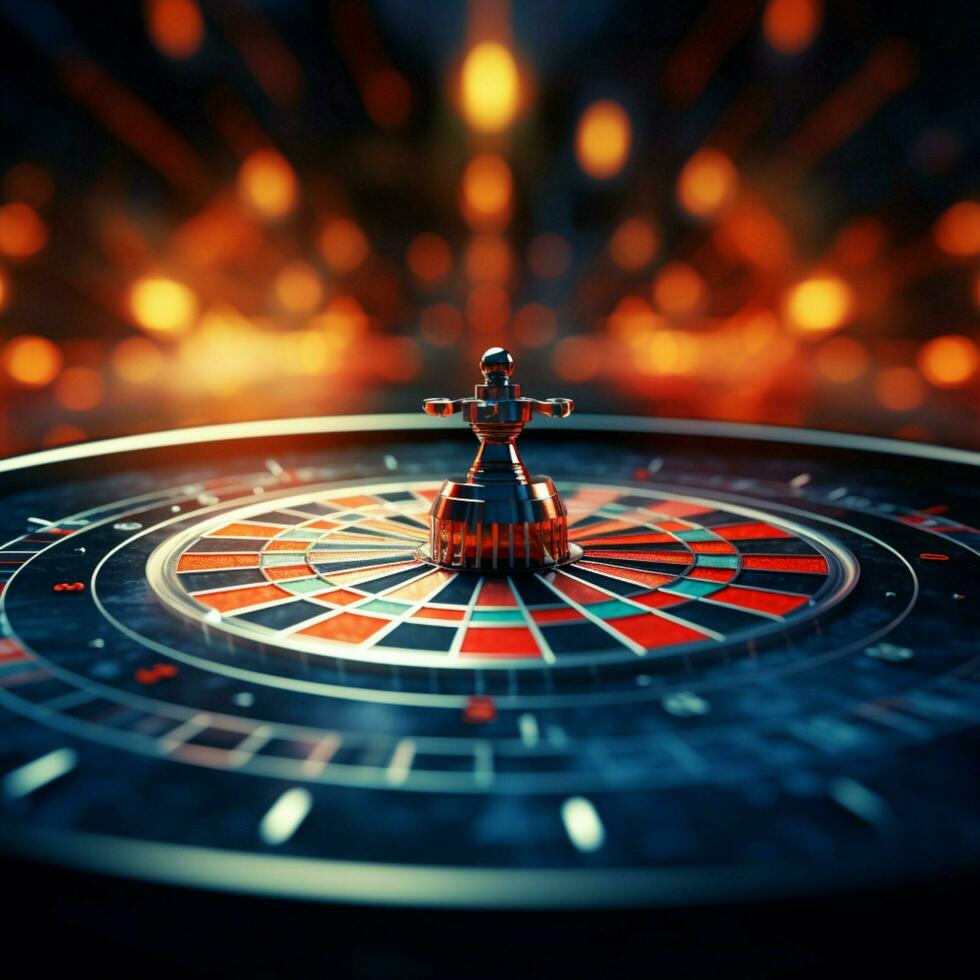 Victory in sight Red darts find center target against dark blue backdrop For Social Media Post Size AI Generated photo