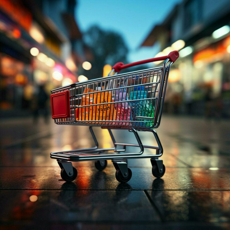 Vivid shopping experience Blurred store bokeh enriches supermarket carts dynamic presence For Social Media Post Size AI Generated photo