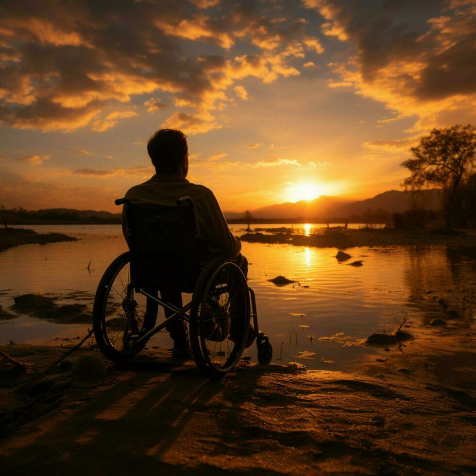 Wheelchair silhouette, set against the backdrop of a sunset, radiates determination For Social Media Post Size AI Generated photo