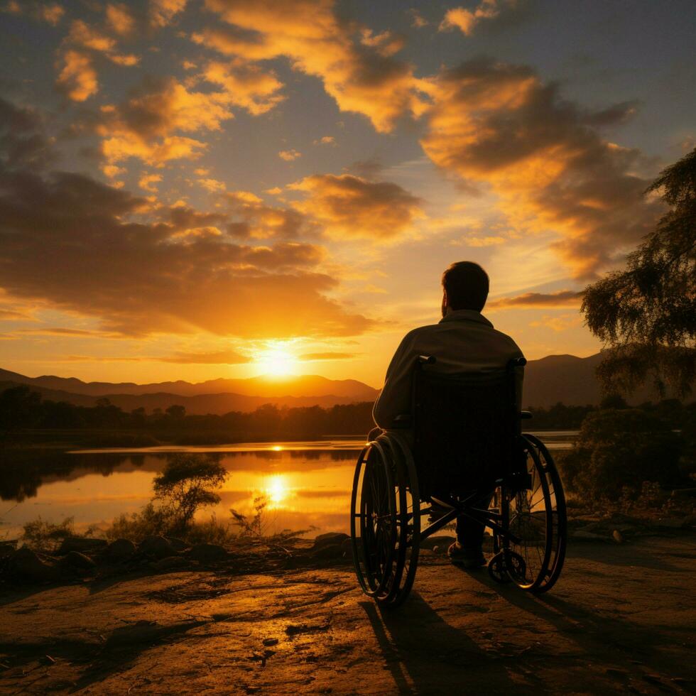 silla de ruedas silueta, conjunto en contra el fondo de un atardecer, irradia determinación para social medios de comunicación enviar Talla ai generado foto