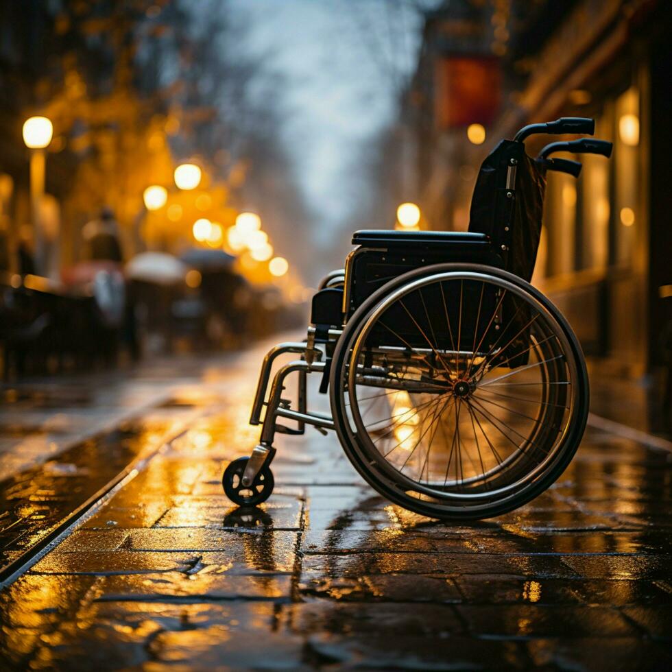 Wheelchair users hands on wheels, showcasing empowerment and the concept of ability For Social Media Post Size AI Generated photo