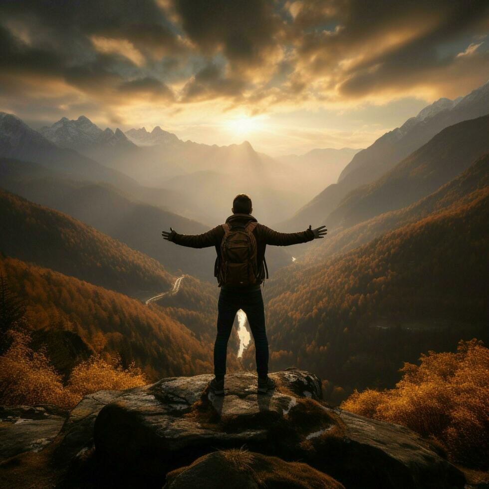 Backlit by morning sun, young tourist admires foggy mountain range, arms outstretched For Social Media Post Size AI Generated photo