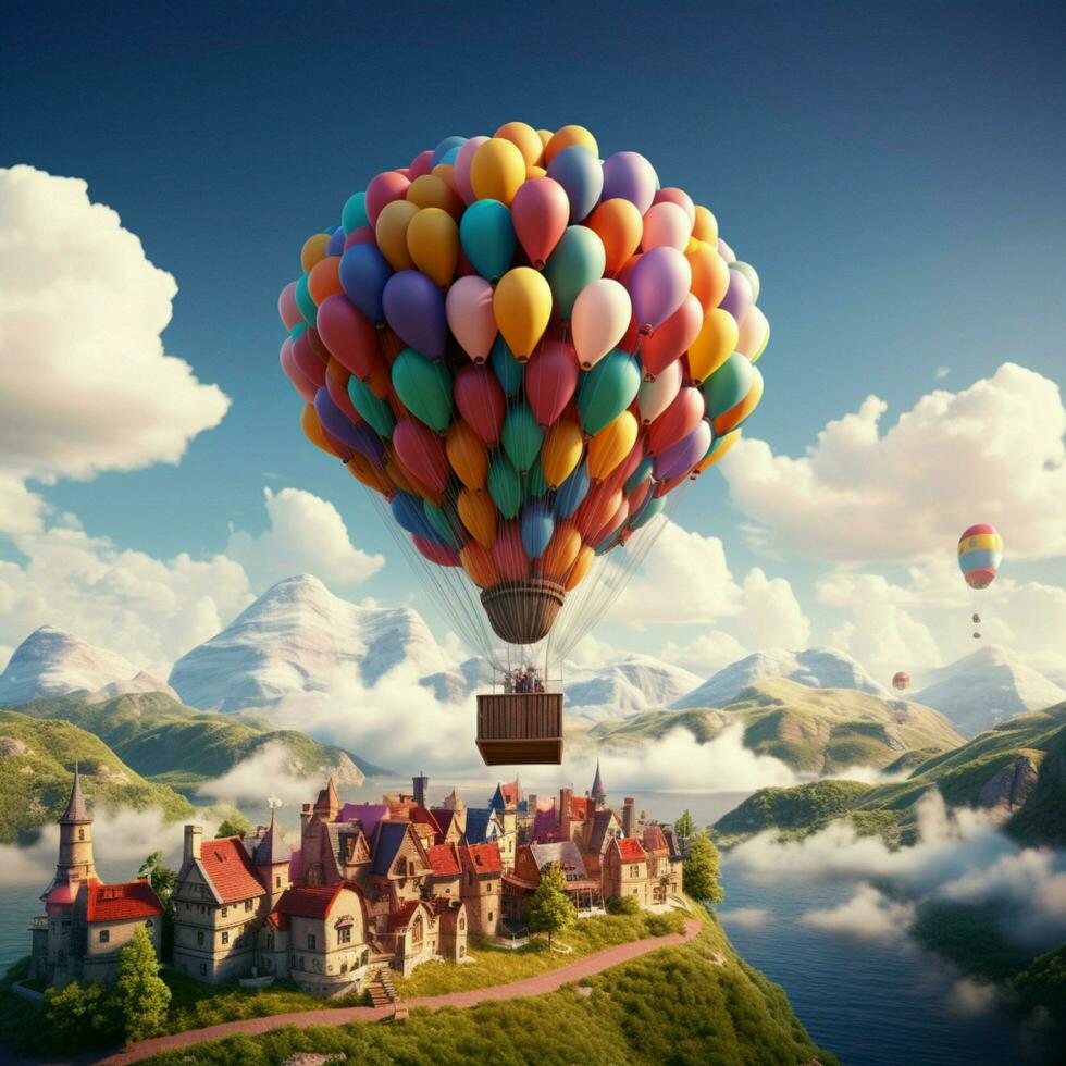 Balloon borne journey, fantasy plane floats surrounded by colorful balloons in the sky For Social Media Post Size AI Generated photo