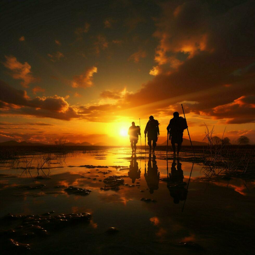 Blind individuals with canes move towards the sunset, symbolizing their determined journey For Social Media Post Size AI Generated photo