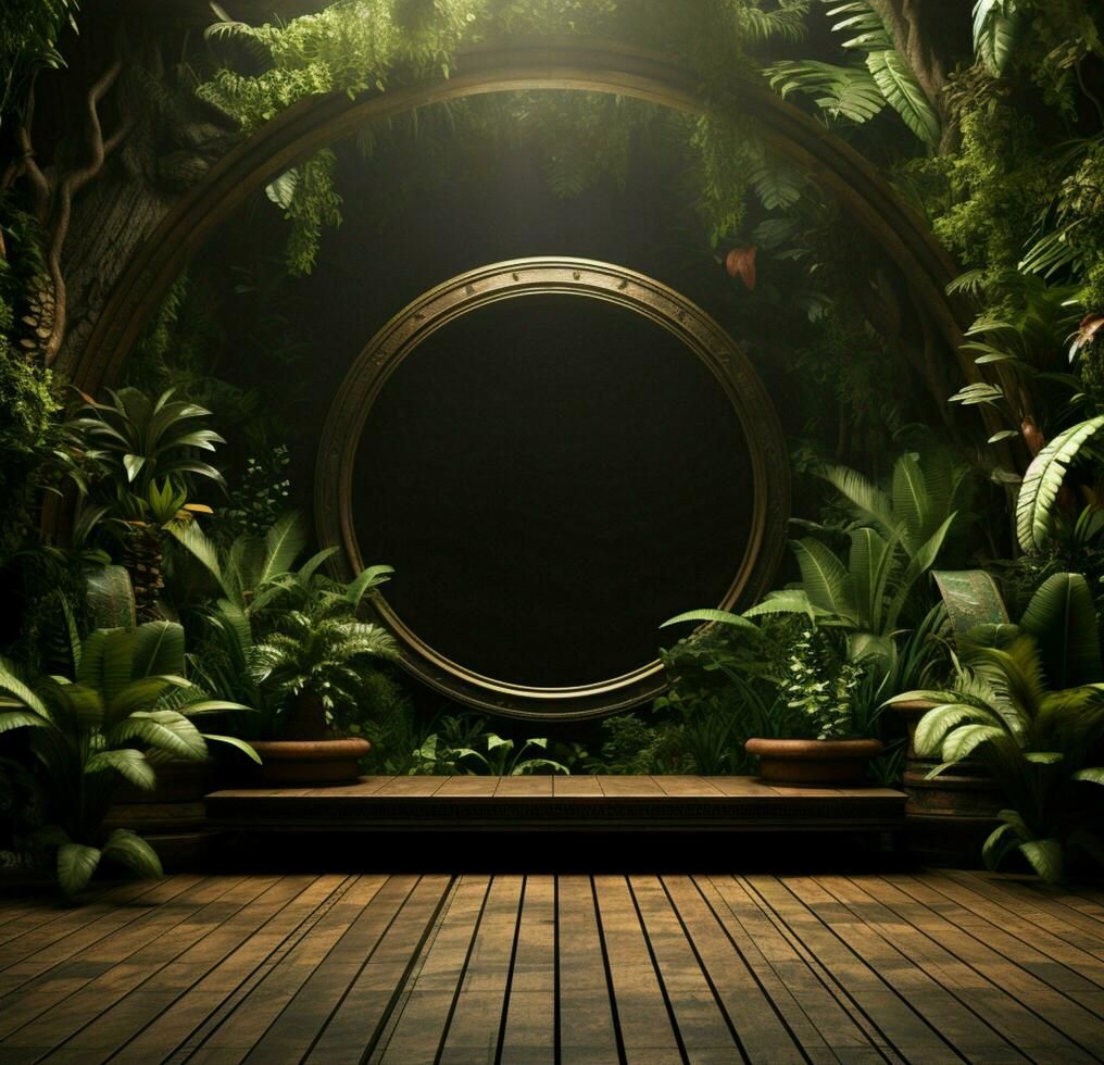 Botanical backdrop with wooden stage, natures theater in serene harmony For Social Media Post Size AI Generated photo