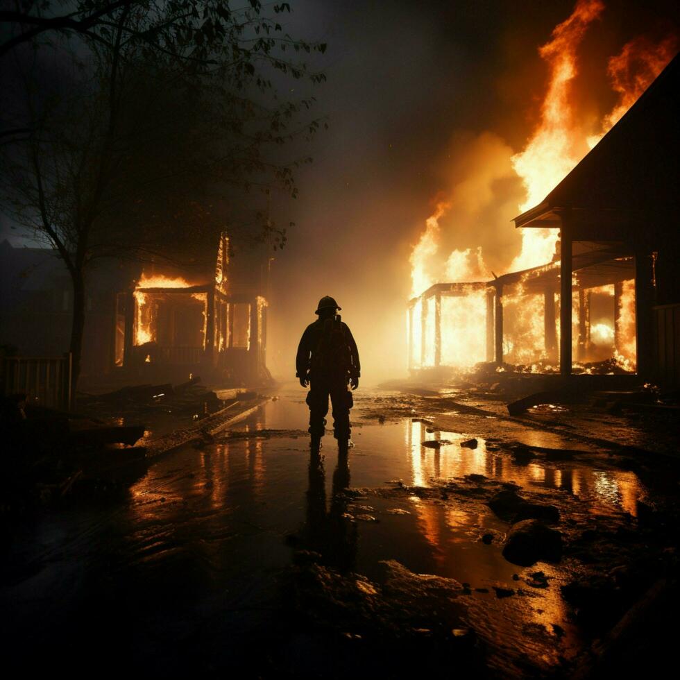 Brave fireman hoses down scorched dwelling, water subduing the smoldering aftermath For Social Media Post Size AI Generated photo