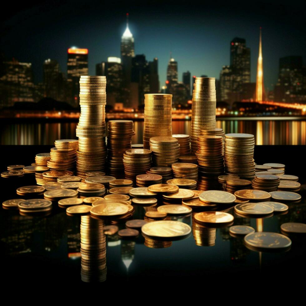 Business skyline Coins, graph chart blend cityscape, portraying economic, financial triumph For Social Media Post Size AI Generated photo