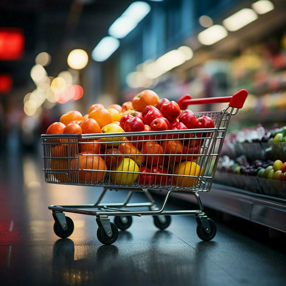 Bustling market Shopping cart in supermarket, set against vibrant blurred store bokeh For Social Media Post Size AI Generated photo