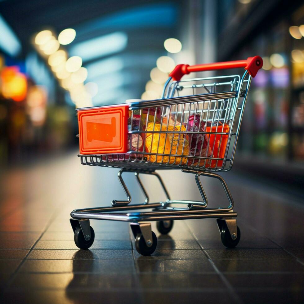 carro en contexto supermercado compras carro en medio de borroso Tienda bokeh atmósfera para social medios de comunicación enviar Talla ai generado foto