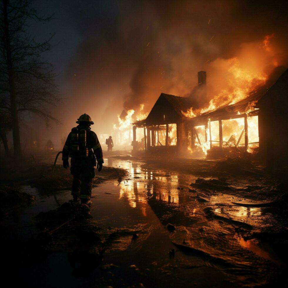 carbonizado casa, bombero ejerce agua, extinguir latente restos de el resplandor para social medios de comunicación enviar Talla ai generado foto