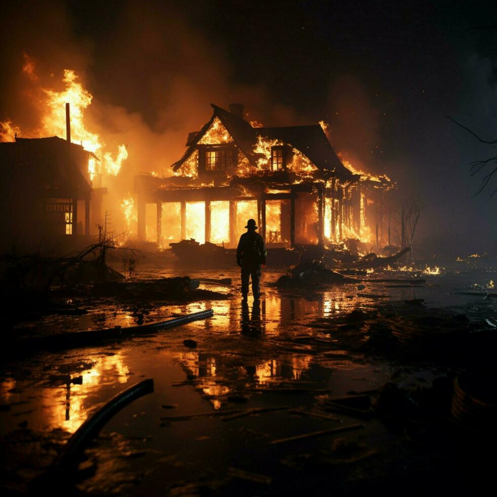 Charred house, firefighter wields water, extinguishing smoldering remnants of the blaze For Social Media Post Size AI Generated photo