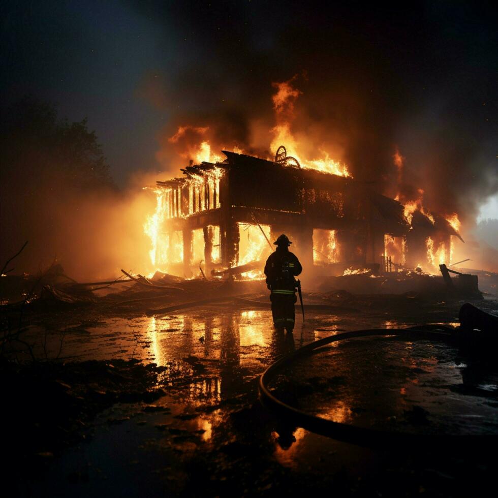 Charred house, firefighter wields water, extinguishing smoldering remnants of the blaze For Social Media Post Size AI Generated photo