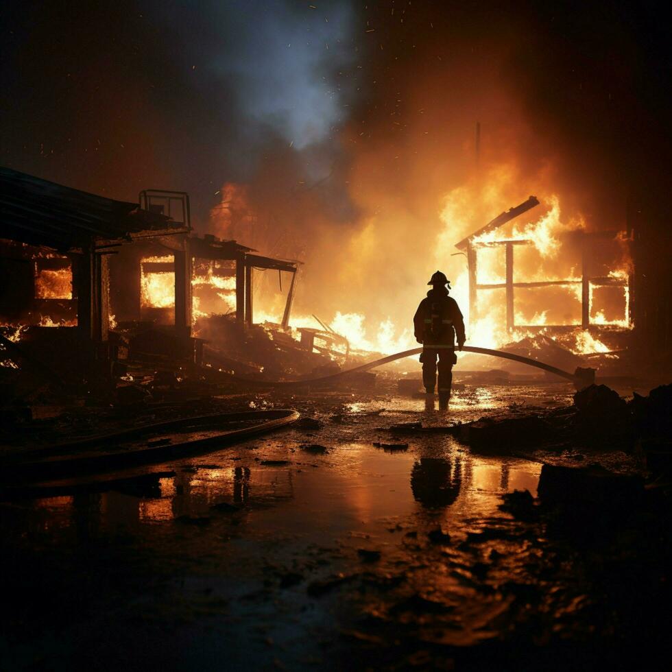 Charred house, firefighter wields water, extinguishing smoldering remnants of the blaze For Social Media Post Size AI Generated photo