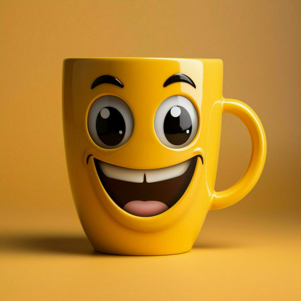 Cheerful coffee cup character grinning, set on yellow backdrop Ample copy area For Social Media Post Size AI Generated photo