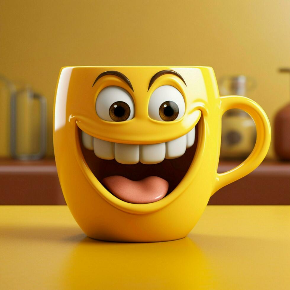 alegre café taza personaje sonriendo, conjunto en amarillo fondo amplio Copiar zona para social medios de comunicación enviar Talla ai generado foto