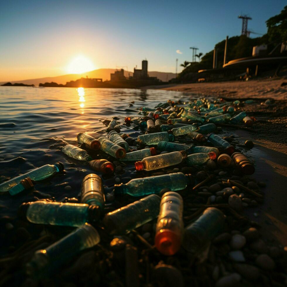 costero zona esparcido con el plastico botellas y desperdiciar, retratar Consecuencias de playa contaminación para social medios de comunicación enviar Talla ai generado foto