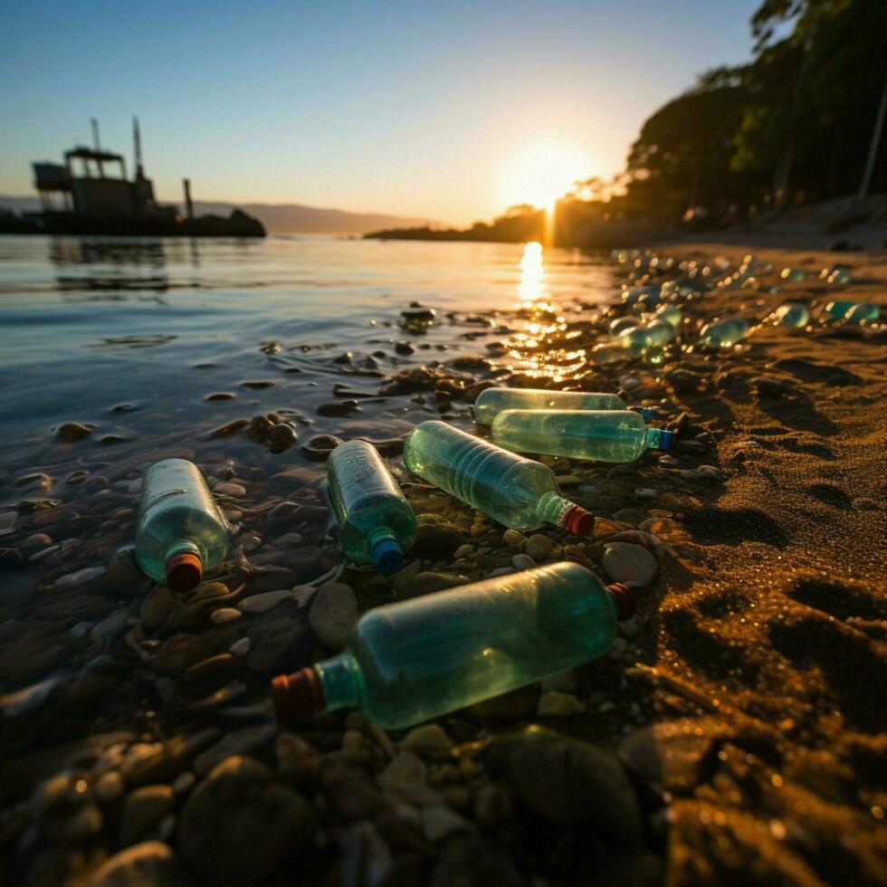 Coastal area strewn with plastic bottles and waste, portraying consequences of beach pollution For Social Media Post Size AI Generated photo