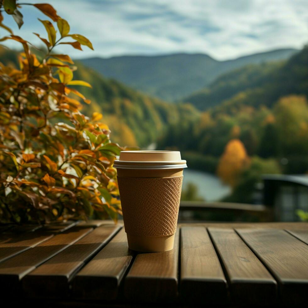 Coffee in paper cup, nature's backdrop Sip of warmth amidst outdoor serenity For Social Media Post Size AI Generated photo