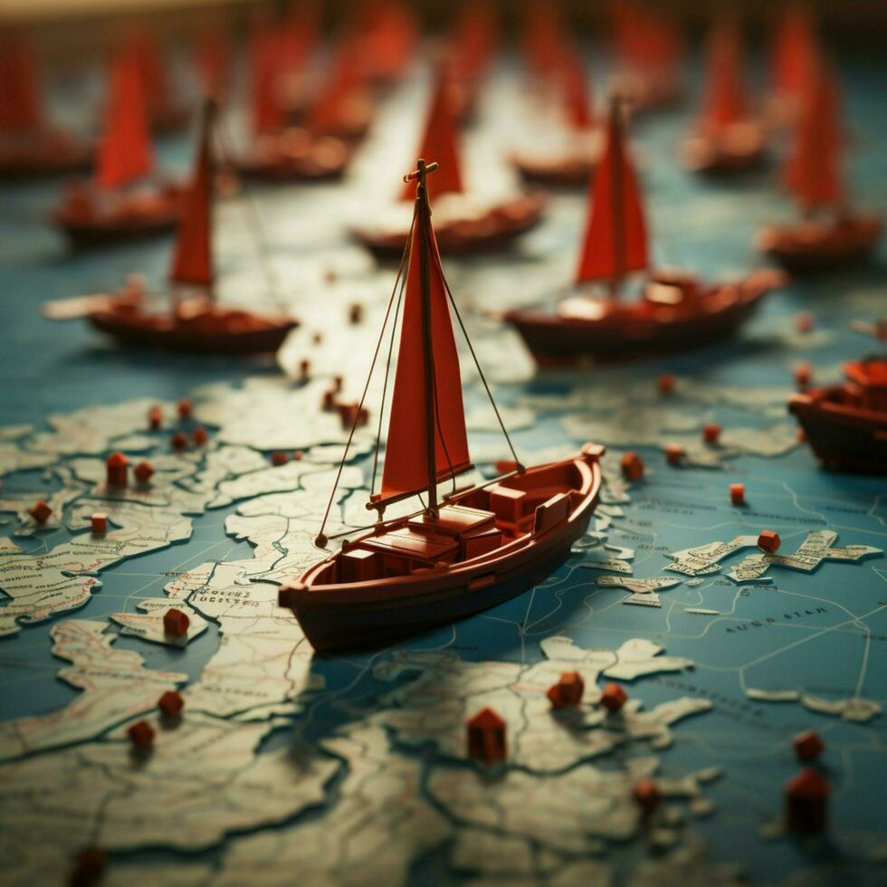 Collective journey Red leader boat guides paper boats on map, illustrating teamworks success For Social Media Post Size AI Generated photo