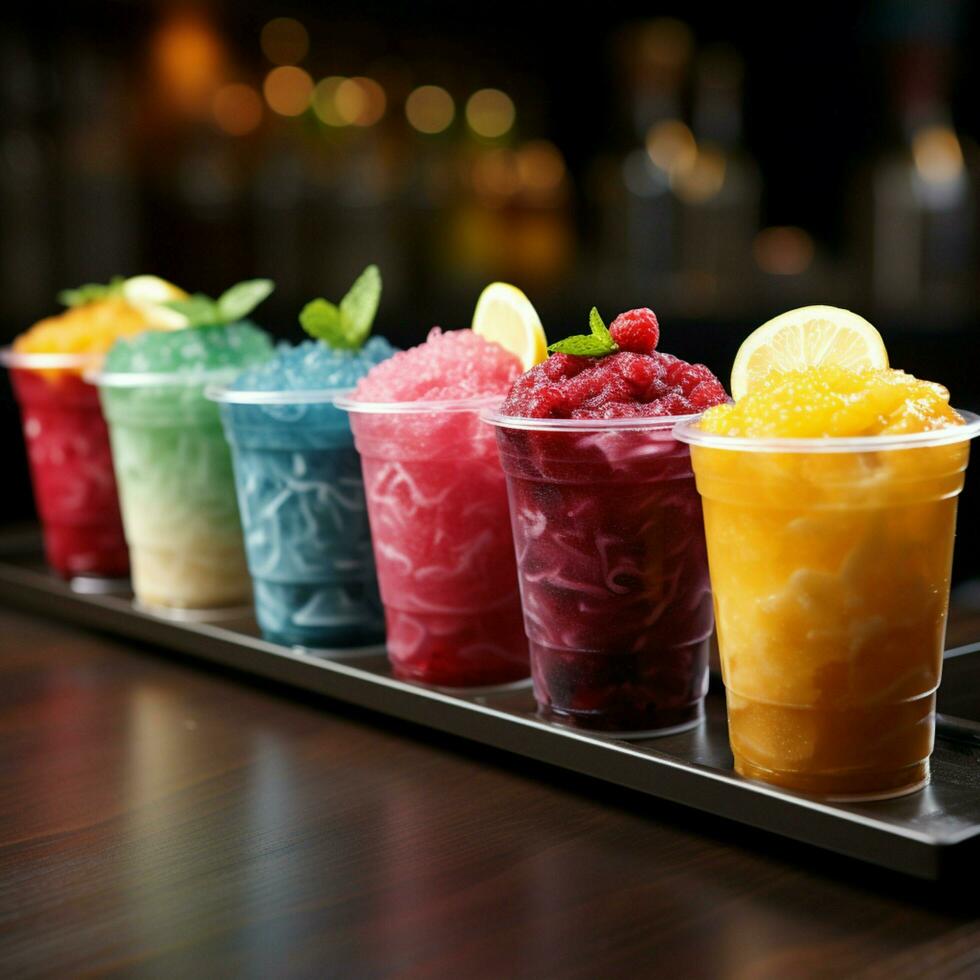 Colorful row of plastic cup slushies, brimming with frozen fruity goodness For Social Media Post Size AI Generated photo