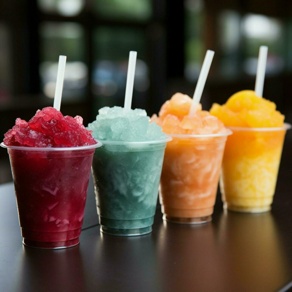 Colorful row of plastic cup slushies, brimming with frozen fruity goodness For Social Media Post Size AI Generated photo