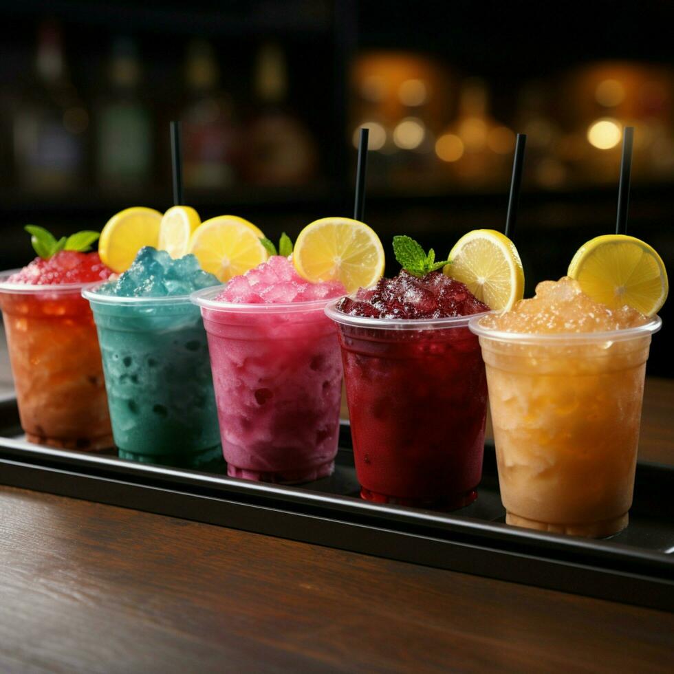 Colorful row of plastic cup slushies, brimming with frozen fruity goodness For Social Media Post Size AI Generated photo