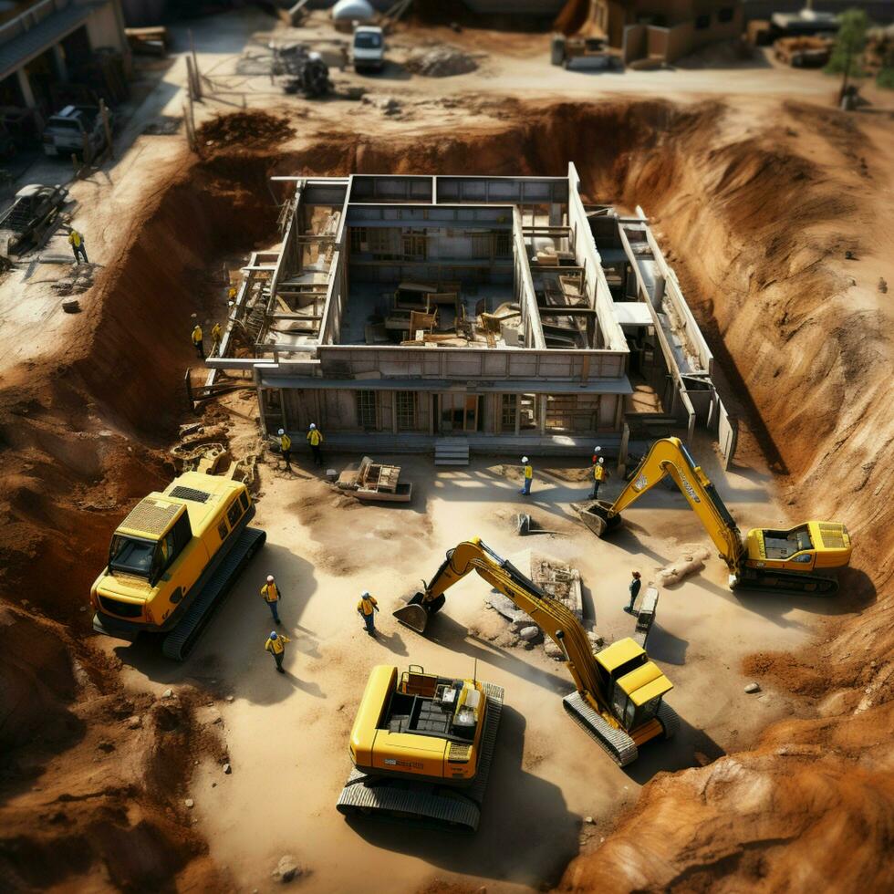 Construction from above Drone hovers over site, displaying machinery, materials, and workers For Social Media Post Size AI Generated photo