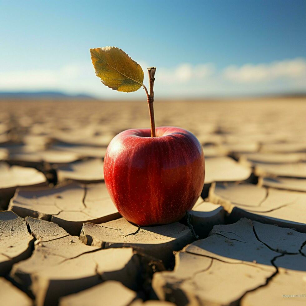 Desert scene apple on cracked earth signifies food insecurity, water shortage, agricultural crisis For Social Media Post Size AI Generated photo