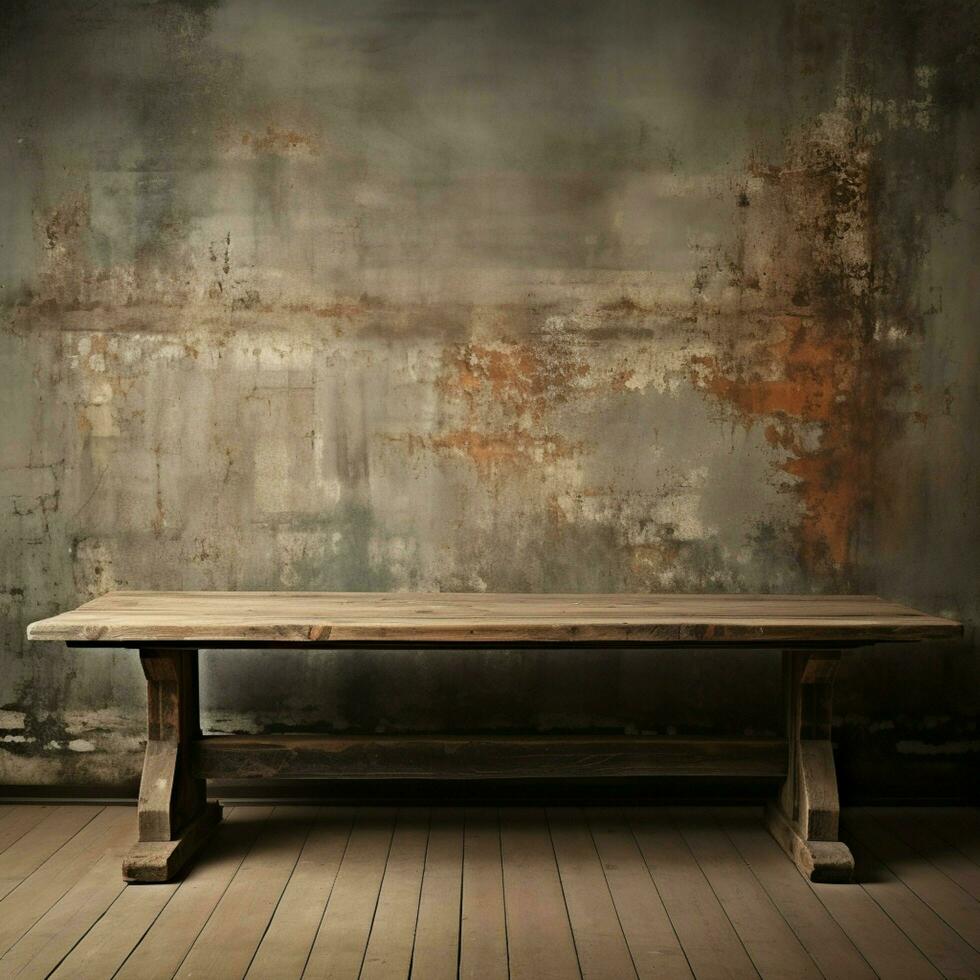 Deserted wooden plank, contrasts against grunge concrete wall background, artful composition For Social Media Post Size AI Generated photo