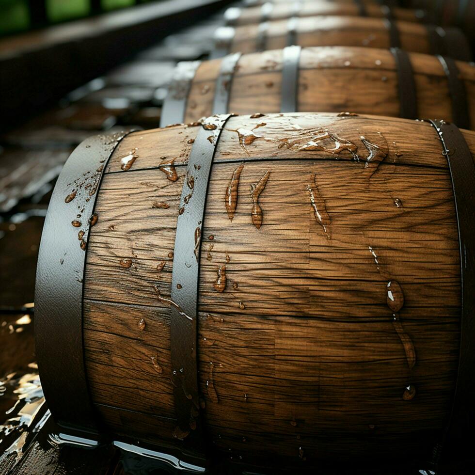 Detailed closeup reveals the rich texture of a wooden barrel, perfect backdrop For Social Media Post Size AI Generated photo