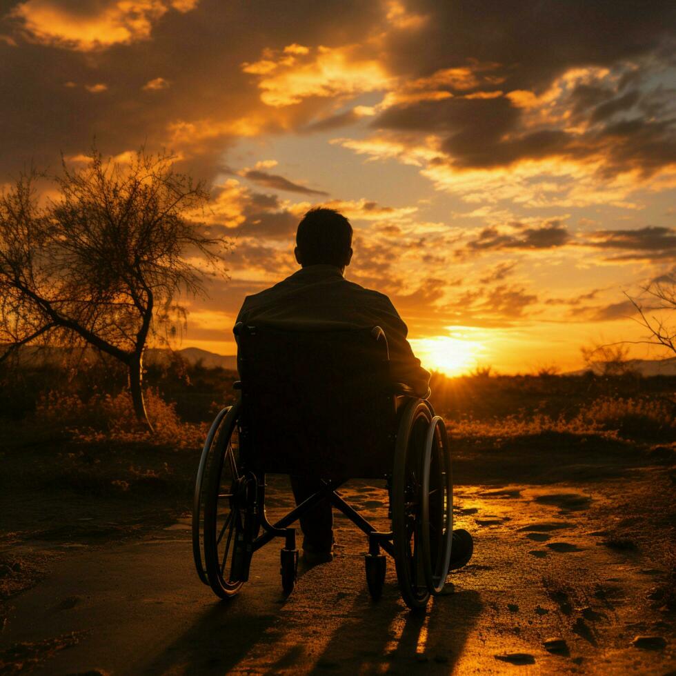 Determined silhouette wheelchair user against sunset, illustrating strength and overcoming obstacles For Social Media Post Size AI Generated photo