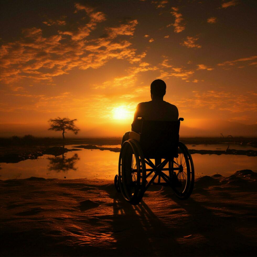 discapacitado persona en silla de ruedas silueta, promoviendo conciencia para social medios de comunicación enviar Talla ai generado foto