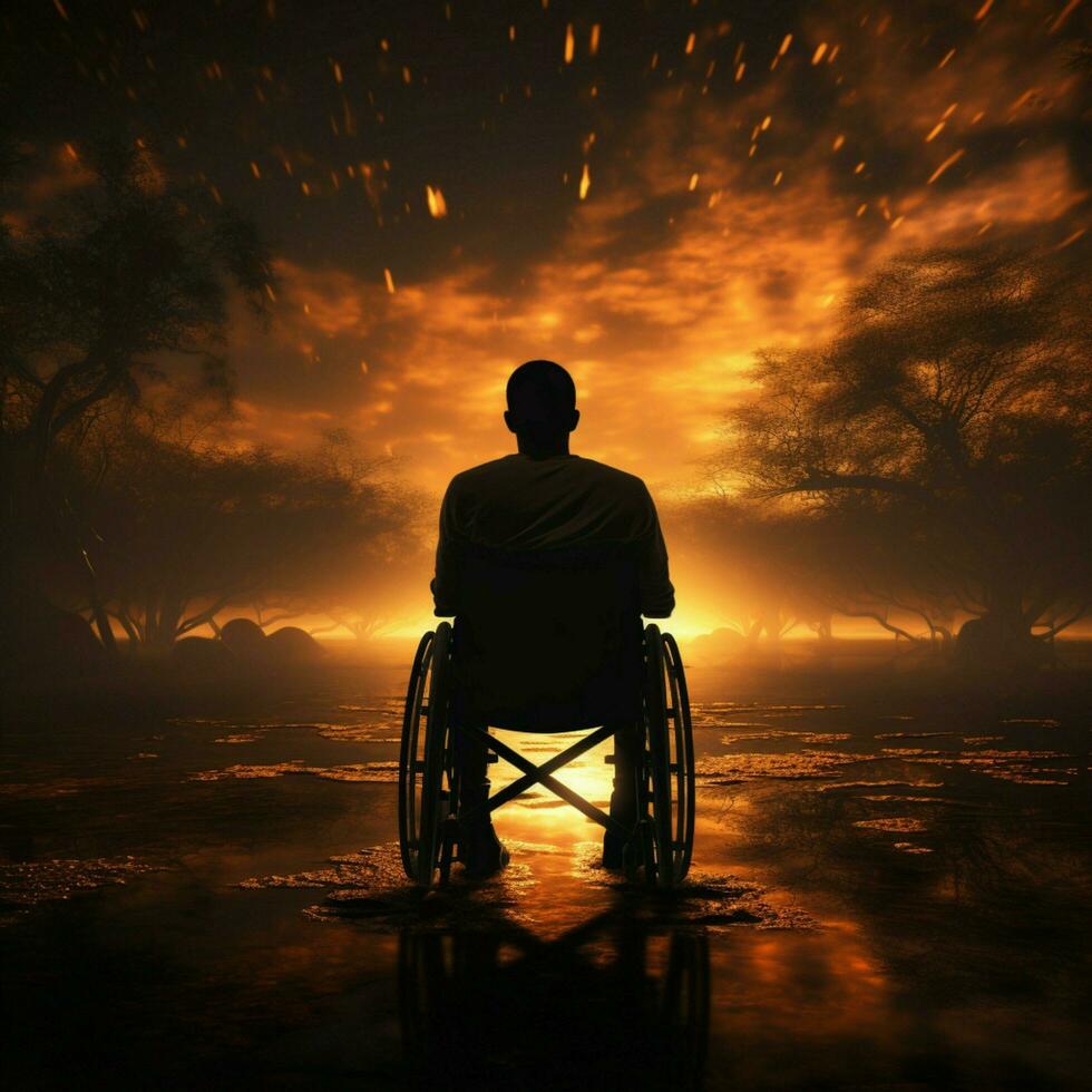 Disabled person in wheelchair silhouette, promoting awareness For Social Media Post Size AI Generated photo