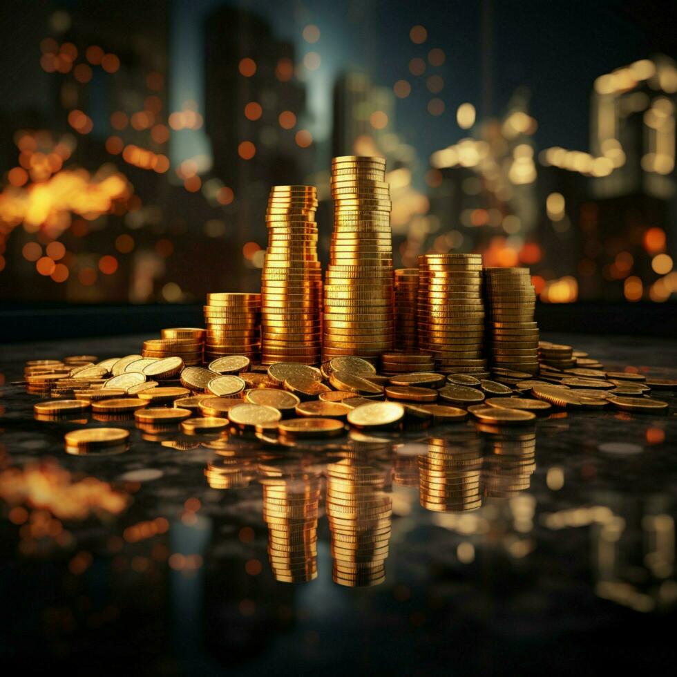 Double exposure of coins stack with graph chart and night cityscape Economic, business, financial and stock market growth concept For Social Media Post Size AI Generated photo