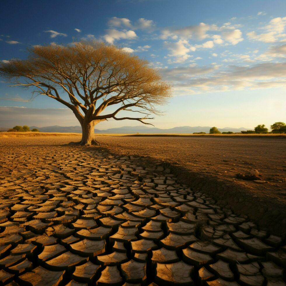 Drought stricken soil bears lone tree, portraying climate changes water shortage impact For Social Media Post Size AI Generated photo