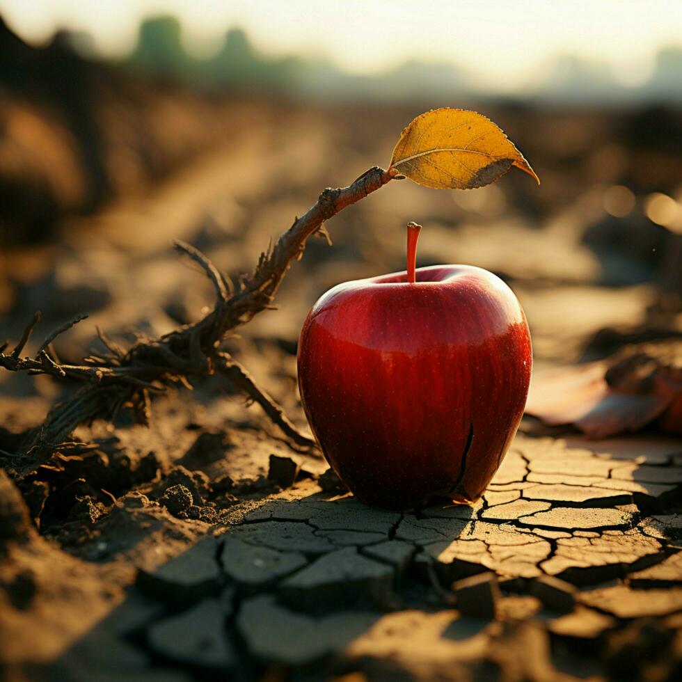 Drought stricken soil cradles apple, emblematic of hunger, water scarcity, and agricultural distress For Social Media Post Size AI Generated photo