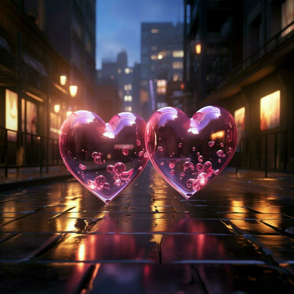 Dual neon hearts illuminate the night with their captivating and romantic brilliance For Social Media Post Size AI Generated photo