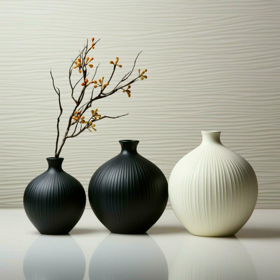 Ebony vases on sleek marble, striking contrast against white wall backdrop For Social Media Post Size AI Generated photo