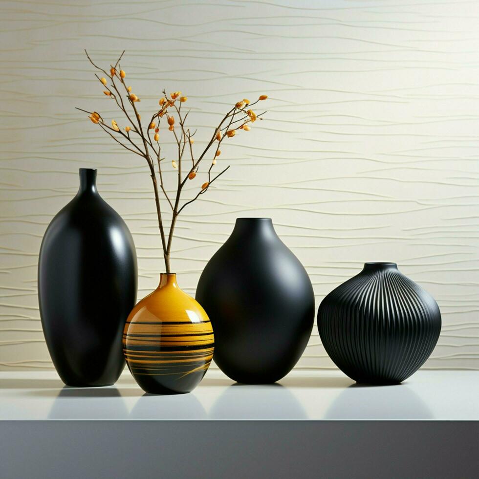 Ebony vases on sleek marble, striking contrast against white wall backdrop For Social Media Post Size AI Generated photo