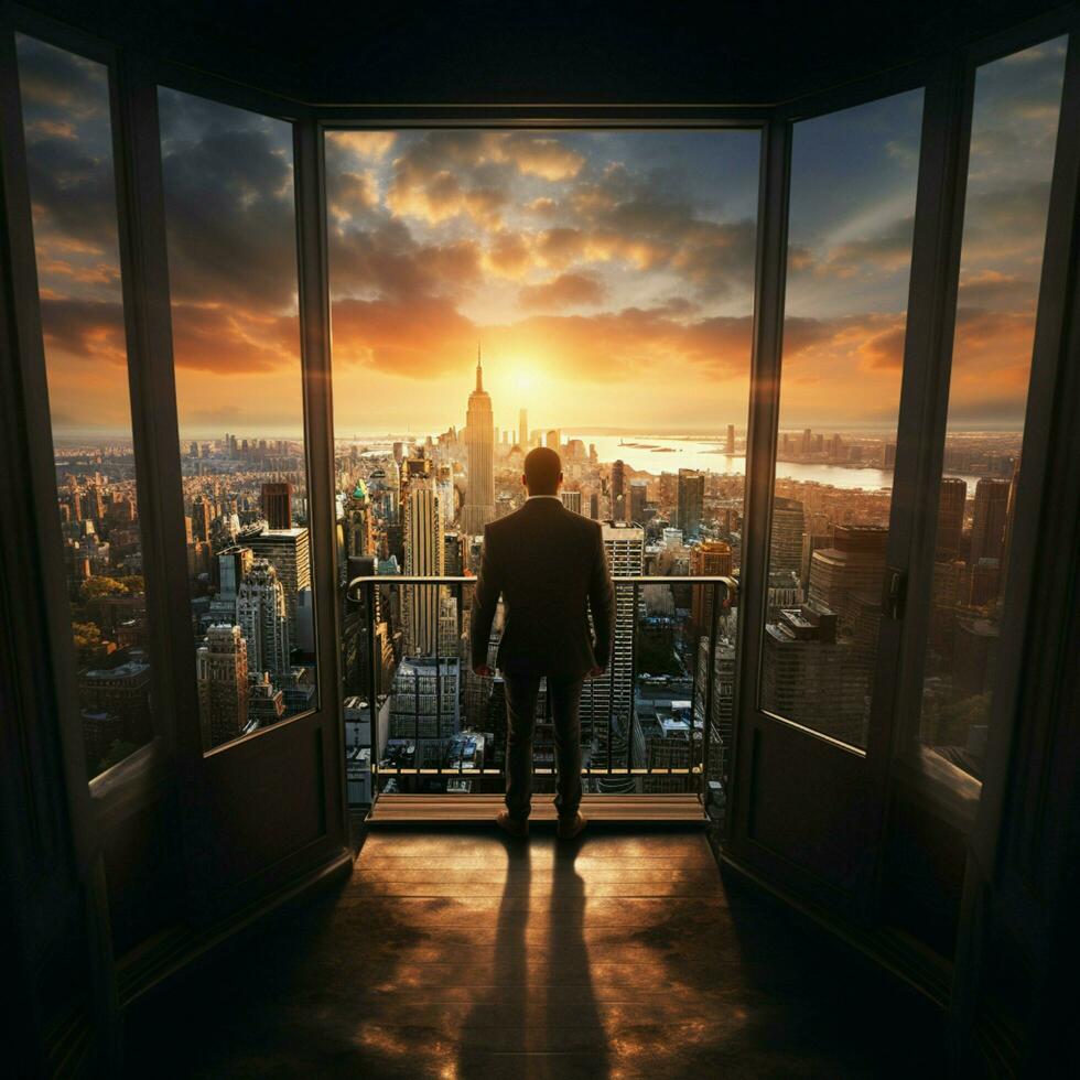 Elevated success Businessman celebrates on stair by keyhole door, city skyline sunrise For Social Media Post Size AI Generated photo