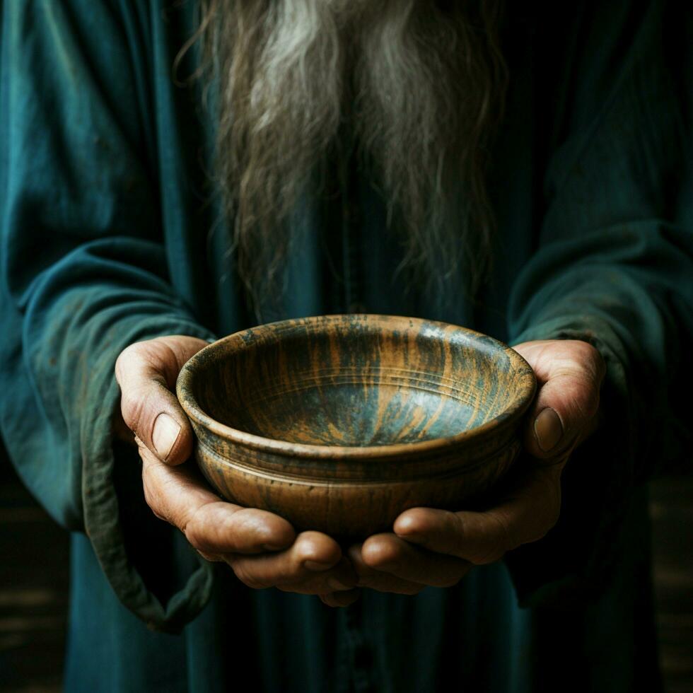 Emaciated hands hold an empty bowl against wood, depicting the reality of hunger For Social Media Post Size AI Generated photo