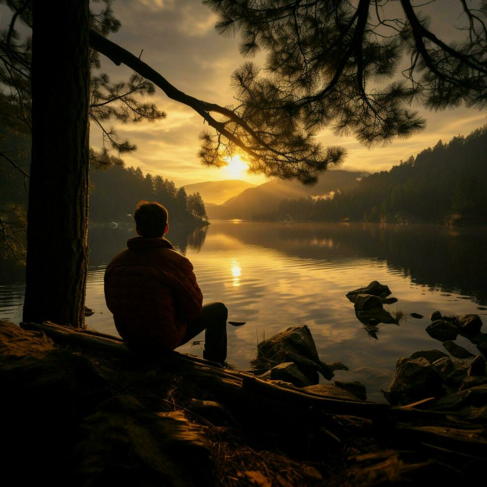 abrazando noruego mañanas calma, hombre en hamaca admira lago ver Entre pinos para social medios de comunicación enviar Talla ai generado foto