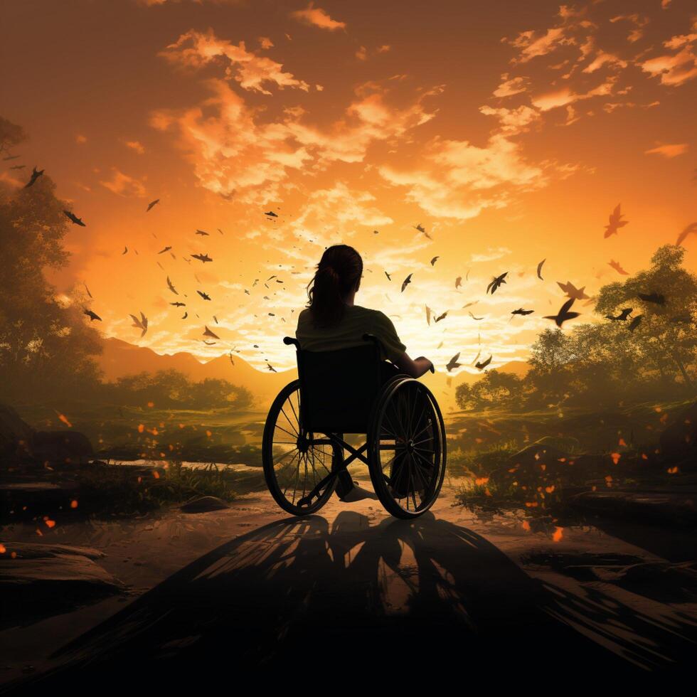 Empowering silhouette wheelchair bound figure against sunset, embodying