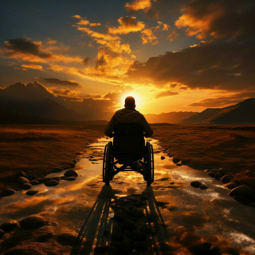 Empowering silhouette wheelchair bound figure against sunset, embodying strength and perseverance For Social Media Post Size AI Generated photo