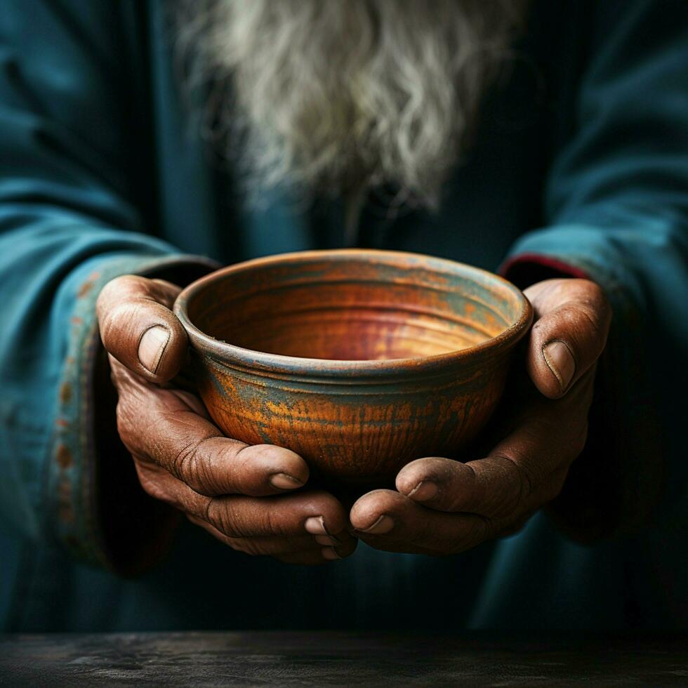 Empty bowl held by elderly hands, symbolizing the stark reality of hunger For Social Media Post Size AI Generated photo