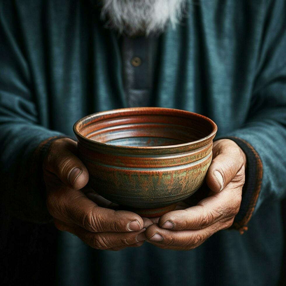 Empty bowl held by elderly hands, symbolizing the stark reality of hunger For Social Media Post Size AI Generated photo