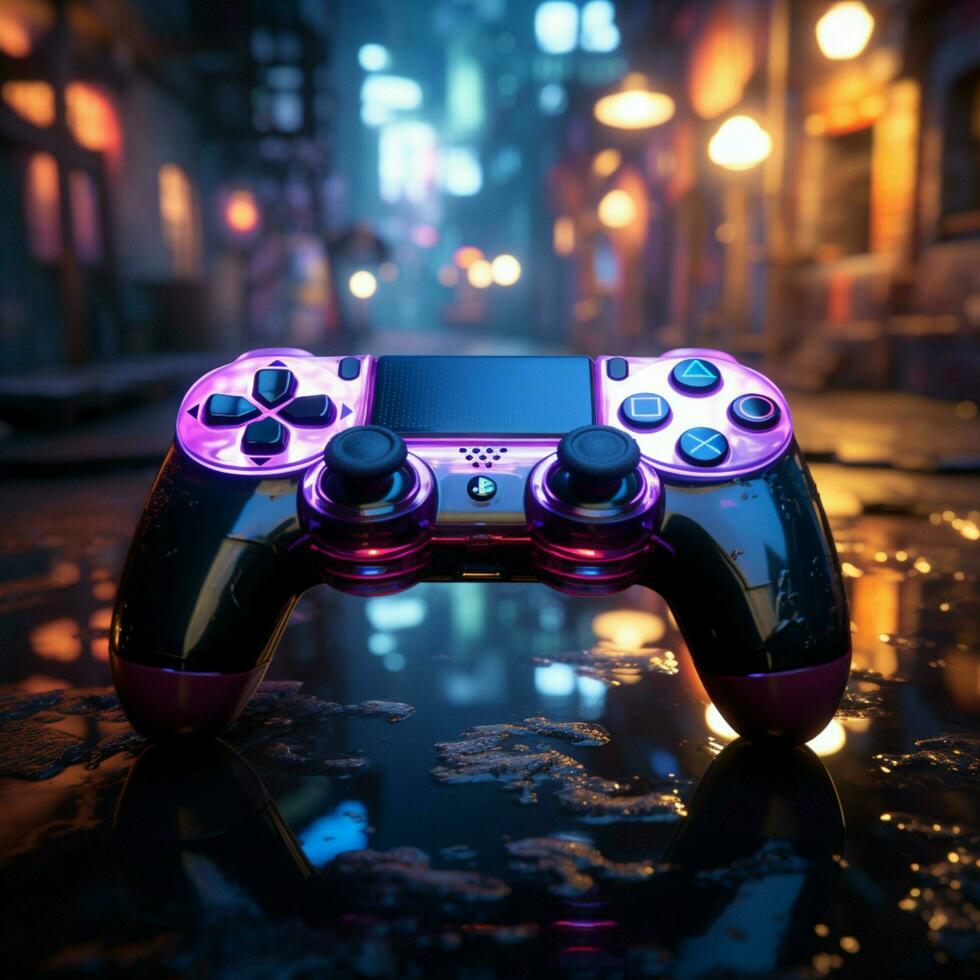 Engrossed in blue themed video game, joystick close up enhances late night gameplay For Social Media Post Size AI Generated photo