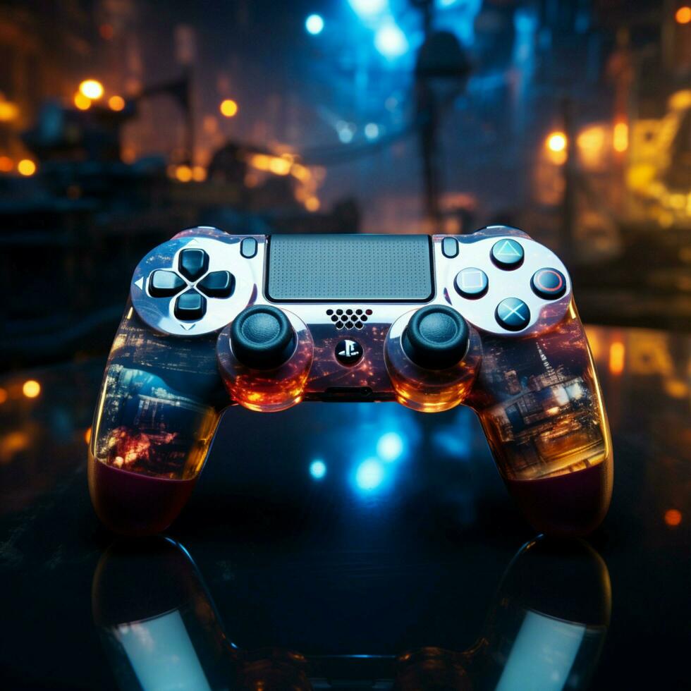 Engrossed in blue themed video game, joystick close up enhances late night gameplay For Social Media Post Size AI Generated photo