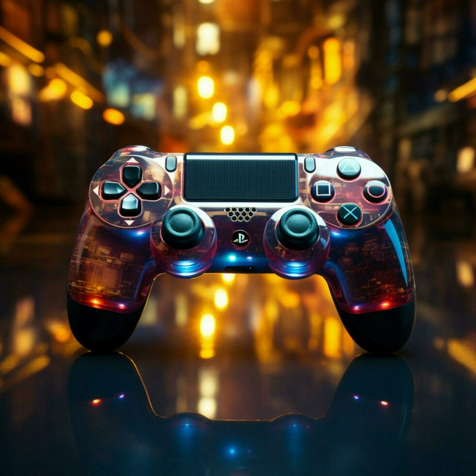 Engrossed in blue themed video game, joystick close up enhances late night gameplay For Social Media Post Size AI Generated photo