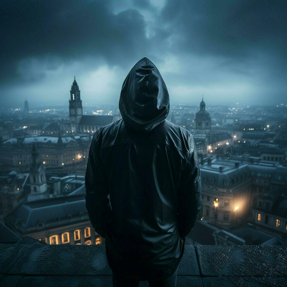 Enigmatic man in hood on rooftop, identity hidden, accompanied by void space For Social Media Post Size AI Generated photo